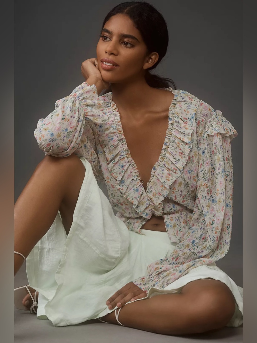 By Anthropologie Pastel Floral Mesh Ruffle Long-Sleeve Crop Blouse Top M
